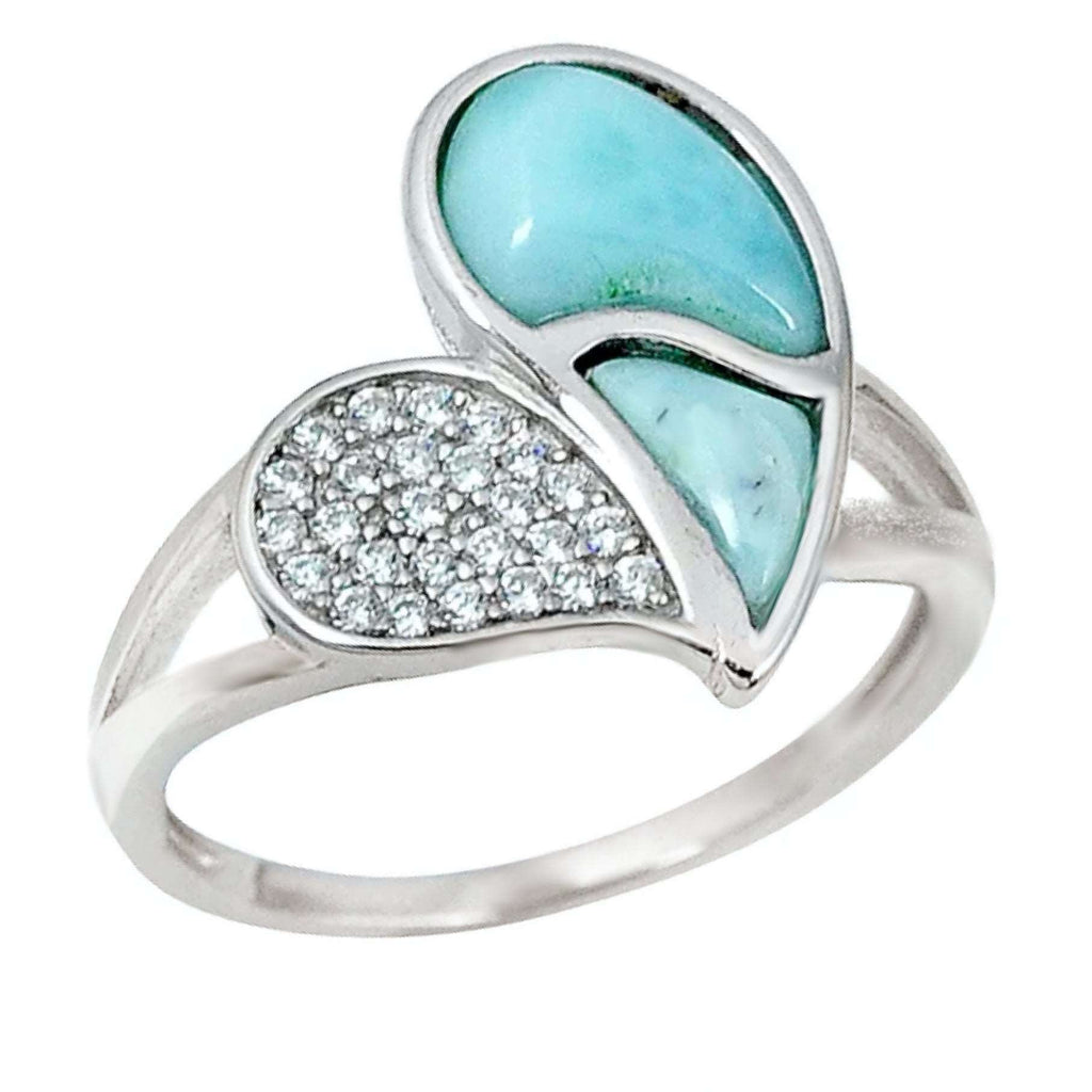 4.06 CT Natural Caribbean Larimar, White Topaz Solid .925 Sterling Silver Heart Ring Size US 9 or R1/2