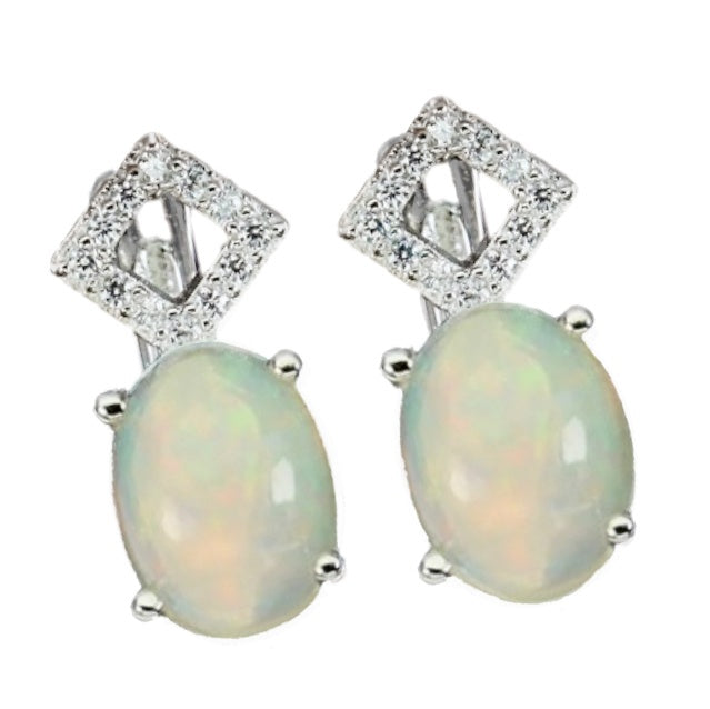 Deluxe Natural Unheated Fire Opal and White Cubic Zirconia Gemstone 925 Sterling Silver Earrings