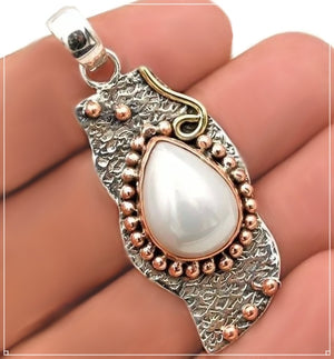 Three Tone Natural White Pearl Solid .925 Sterling Silver Pendant