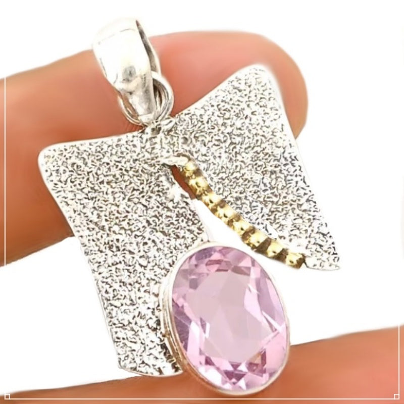 6 Cts Two Tone Pink Kunzite Gemstone Solid .925 Silver Pendant
