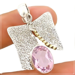 6 Cts Two Tone Pink Kunzite Gemstone Solid .925 Silver Pendant