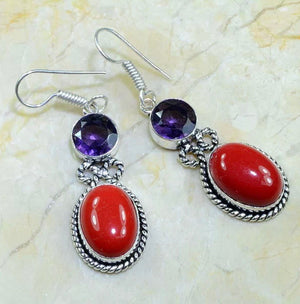 Handmade Red Coral and Purple Amethyst Gemstone .925 Silver Earrings