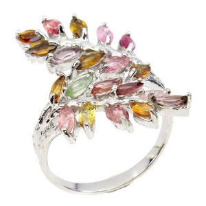 Deluxe Unheated Multi-Tourmaline, White Cubic Zirconia Solid. 925 Sterling Silver Ring Size 9.5 - BELLADONNA
