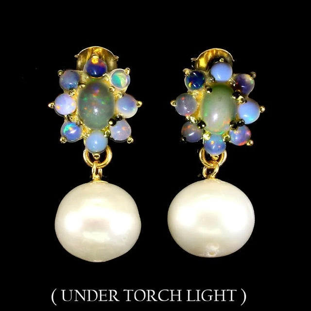 Natural Unheated Rainbow Ethiopian Fire Opal & White Pearl Solid .925 Silver Earrings