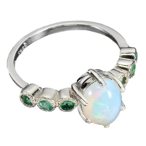 Natural Unheated Ethiopian Fire Opal and Emerald in Solid .925 Sterling Ring Size 8 or Q