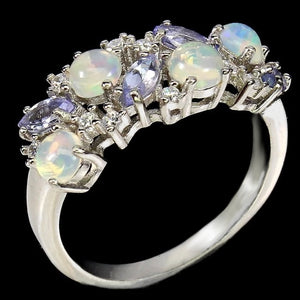 Ethiopian Fire Opal And Tanzanite, CZ Gemstone Solid .925 Sterling Ring Size US 8 or Q