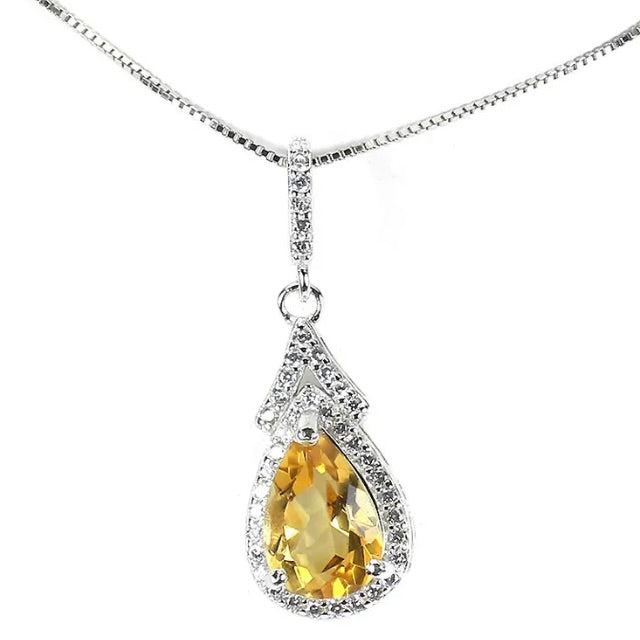 Deluxe Natural Unheated Citrine, White Cubic Zirconia Gemstone Solid .925 Sterling Silver Necklace - BELLADONNA