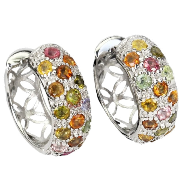 Deluxe Natural Unheated Multi-Tourmaline Solid. 925 Sterling Silver 14K White Gold Earrings
