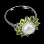 Natural Unheated Peridot, White Pearl Gemstone Solid .925 Sterling Silver Ring Size 8 or Q
