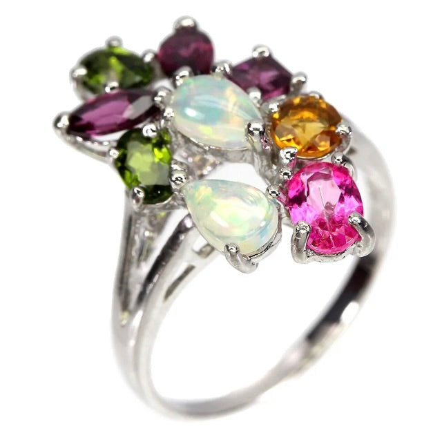 Unheated Fire Opal, Rhodolite, Citrine, Chrome Diopside Solid. 925 Sterling Silver Ring Size 8 /Q