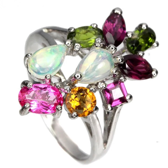 Unheated Fire Opal, Rhodolite, Citrine, Chrome Diopside Solid. 925 Sterling Silver Ring Size 8 /Q