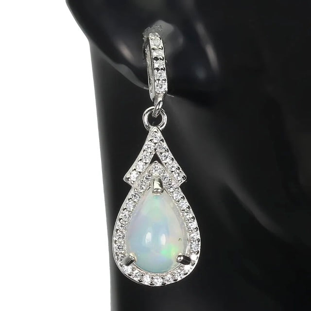 Deluxe Natural Unheated Fire Opal and White Cubic Zirconia Gemstone 925 Sterling Silver Earrings
