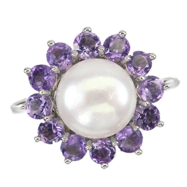 AAA Natural Unheated Purple Amethyst and White Pearl set in Solid .925 Silver 14K White Gold Ring Size 7 or O