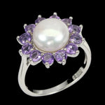 AAA Natural Unheated Purple Amethyst and White Pearl set in Solid .925 Silver 14K White Gold Ring Size 7 or O