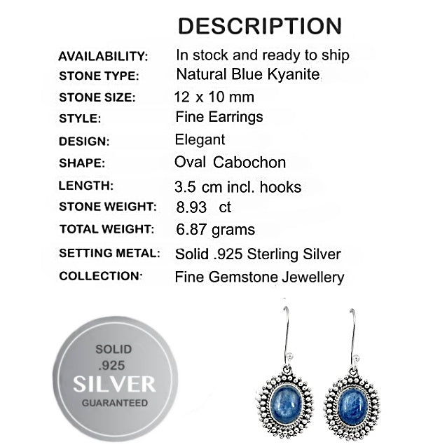 Natural Blue Kyanite Gemstone Solid .925 Sterling Silver Earrings