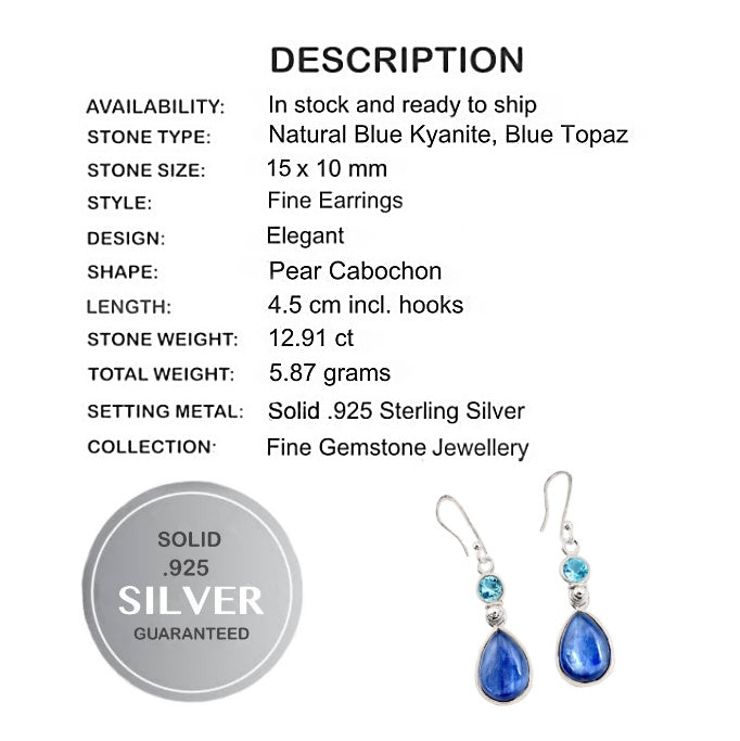 Natural Blue Kyanite, Blue Topaz Gemstone Solid .925 Sterling Silver Earrings