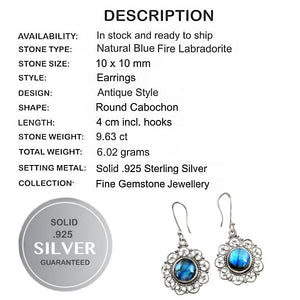 Natural Blue Fire Labradorite Gemstone Solid .925 Sterling Silver Earrings