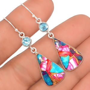 Natural Kingman Pink Dahlia Turquoise and Blue Topaz Gemstone Solid .925 Sterling Silver Earrings
