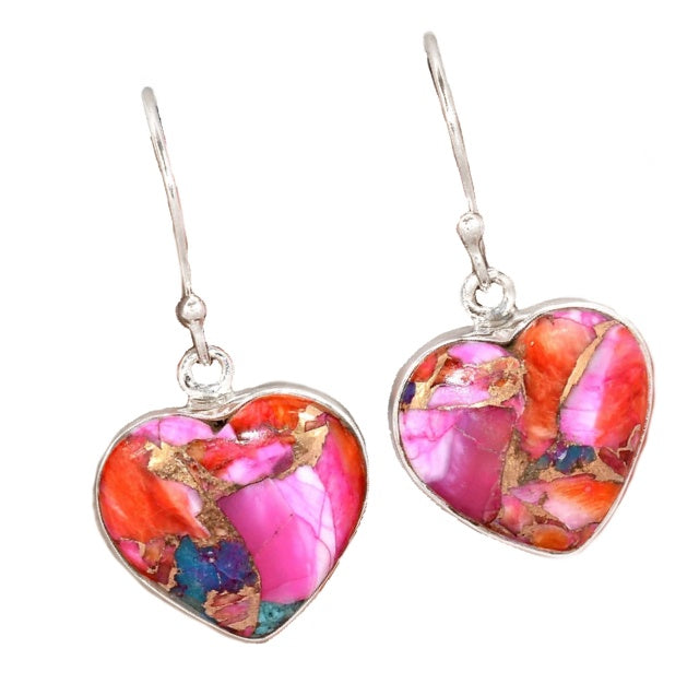 Natural Kingman Pink Dahlia Turquoise Heart Gemstone Solid .925 Sterling Silver Earrings
