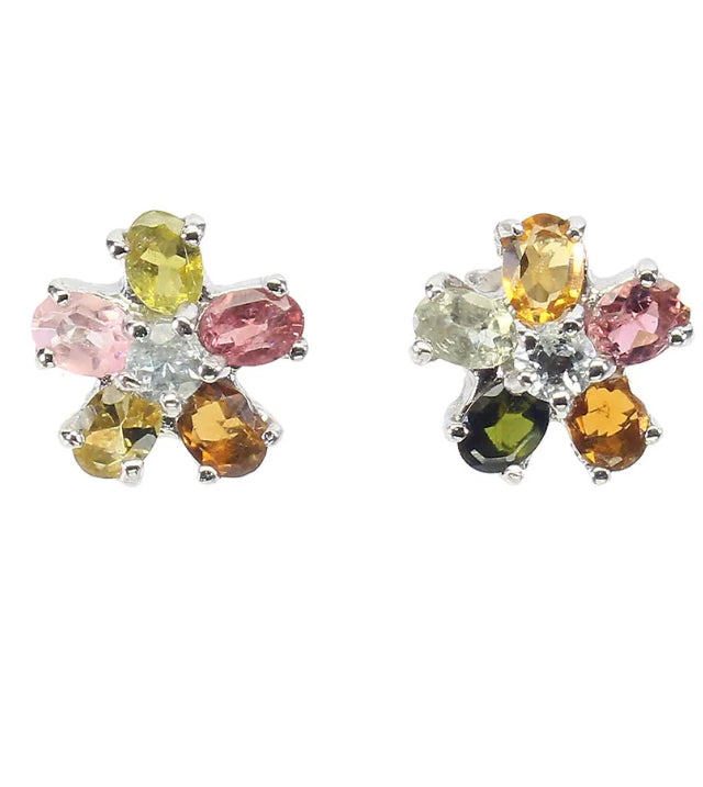 Dainty Natural Unheated Multi-Tourmaline and Aquamarine Solid. 925 Sterling Silver Earrings