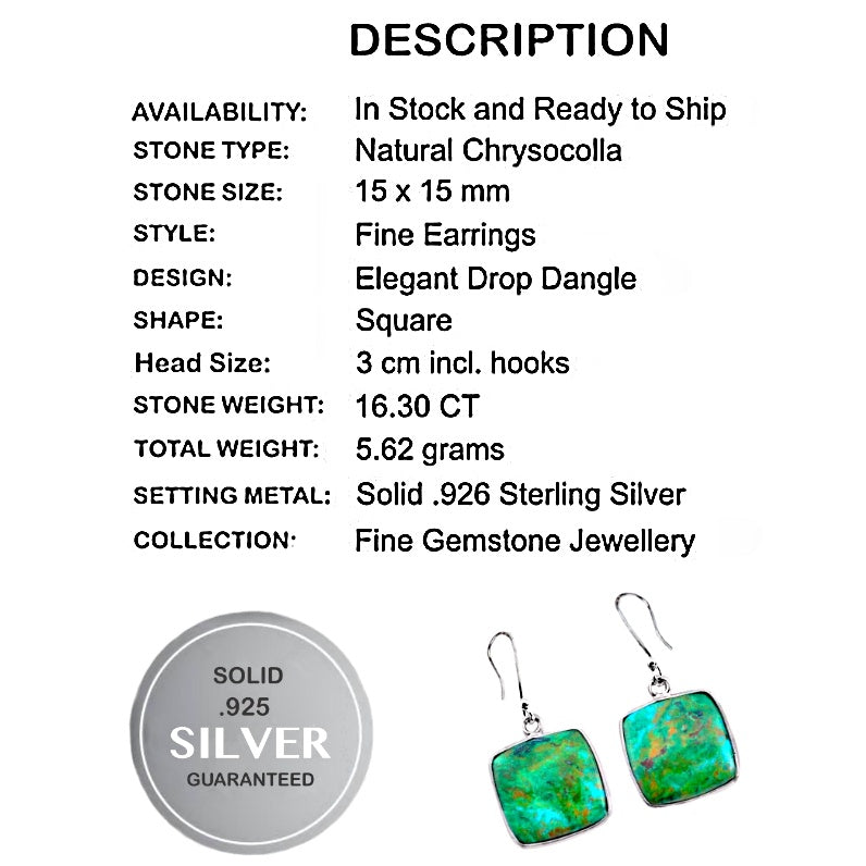 Natural Chrysocolla Square Gemstone Solid .925 Sterling Silver Earrings