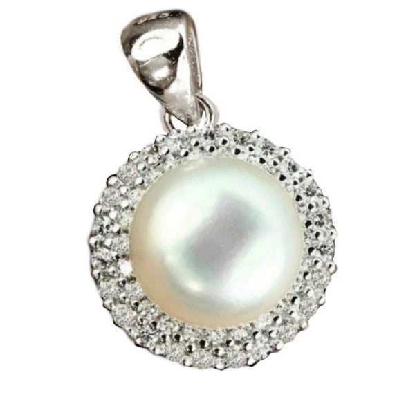 16 cts Deluxe Natural White Pearl Cz Solid .925 Sterling Silver Pendant & Free Chain