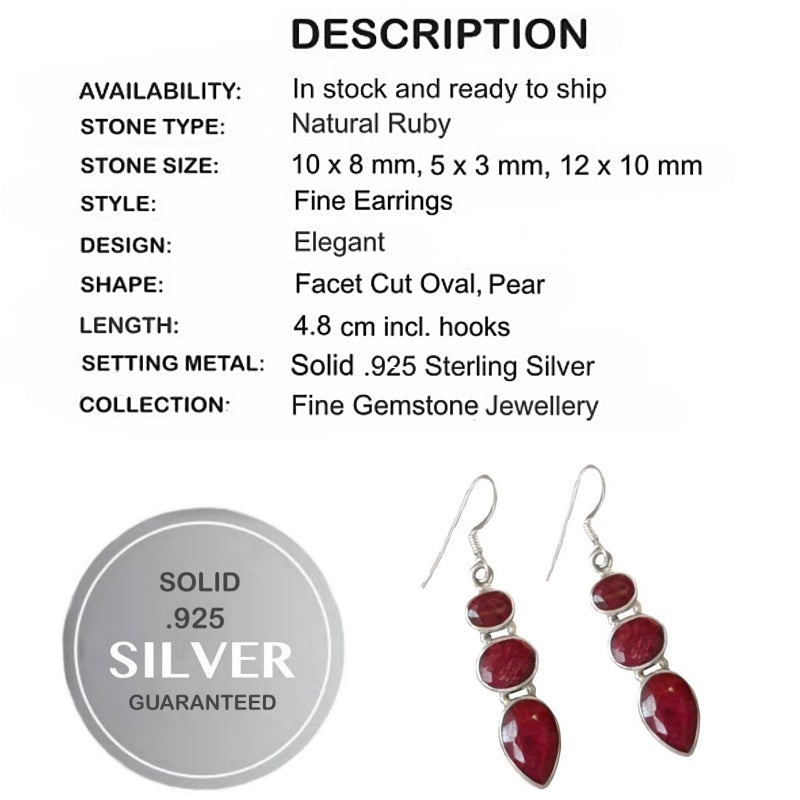 Natural Indian Ruby Gemstone Set in Solid .925 Sterling Silver Earrings