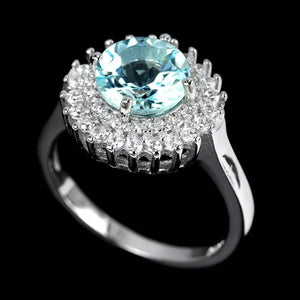 Deluxe Natural Sky Blue Topaz, White Cubic Zirconia Gemstone Solid .925 Silver Size 8