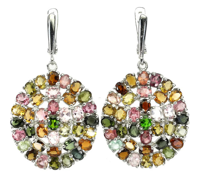 58 cts Deluxe Natural Unheated Multi-Tourmaline Solid. 925 Sterling Silver Earrings