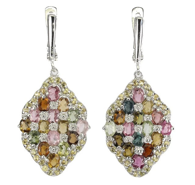 Natural Unheated Multi-Tourmaline and Sapphires Solid. 925 Sterling Silver Earrings
