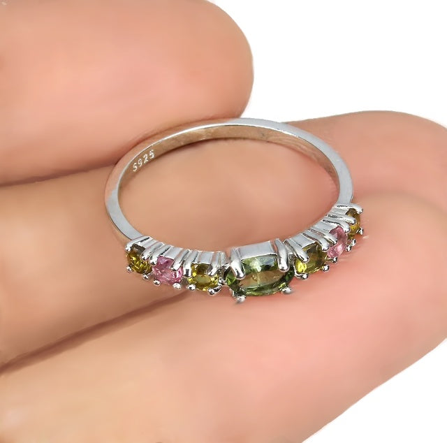 Dainty Natural Unheated Multi-Tourmaline Solid. 925 Sterling Silver Ring Size 9 or R1/2