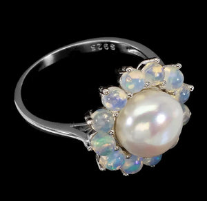 Natural Unheated Ethiopian Fire Opal and White Pearl in Solid .925 Sterling Ring Size 8.5 or Q1/2