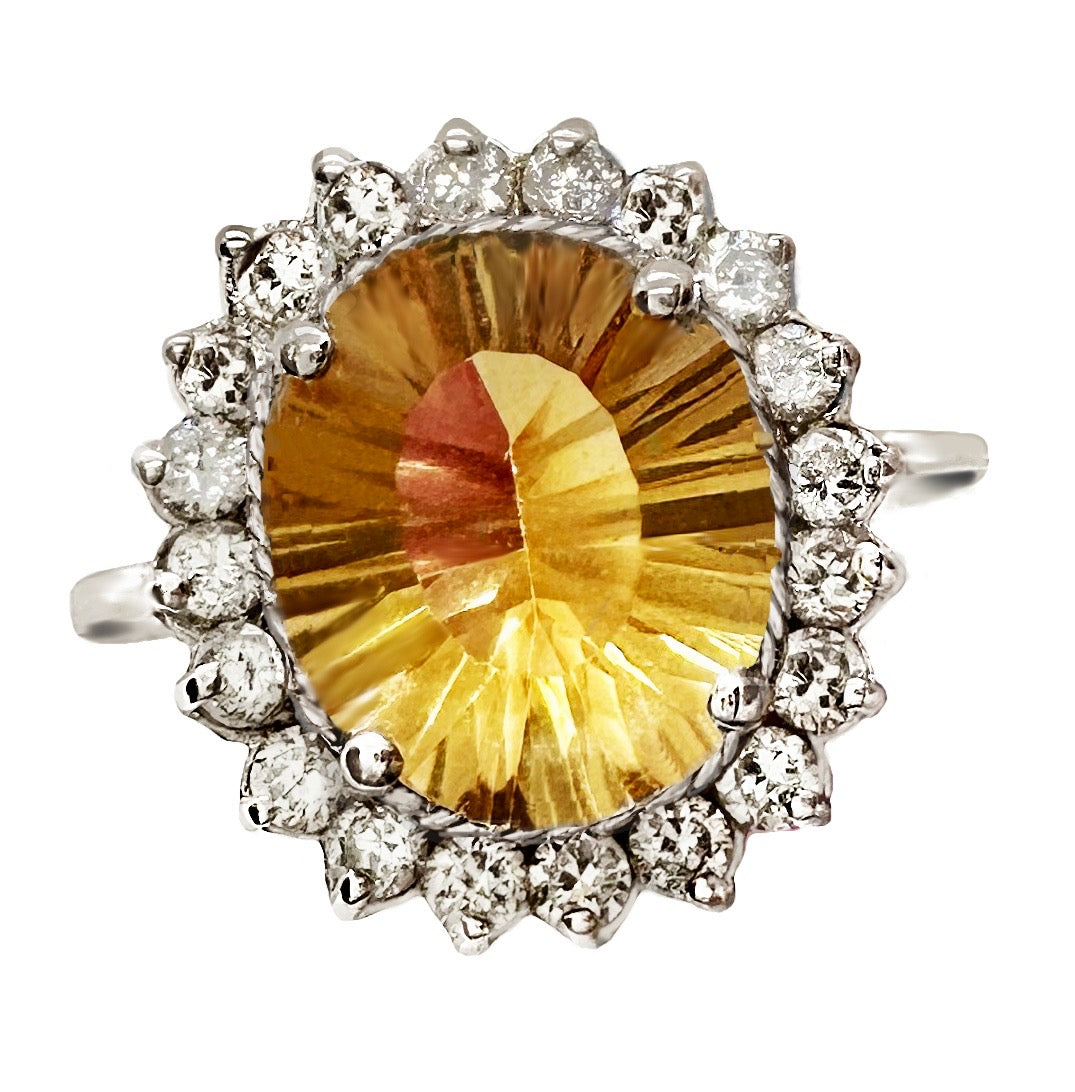 Natural Citrine, AAA White Cubic Zirconia Solid .925 Silver,14K White Gold Ring Size 9 or R1/2 - BELLADONNA