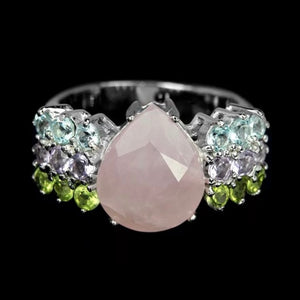 Earth Mined Genuine Stones Rose Quartz, Multi-Gems Solid .925 Sterling Silver Ring Size 6.5 or N