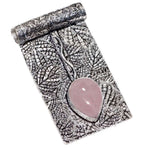 Natural Pink Rose Quartz Pear Gemstone with Embossed Leaf Floral 925 Sterling Silver Pendant