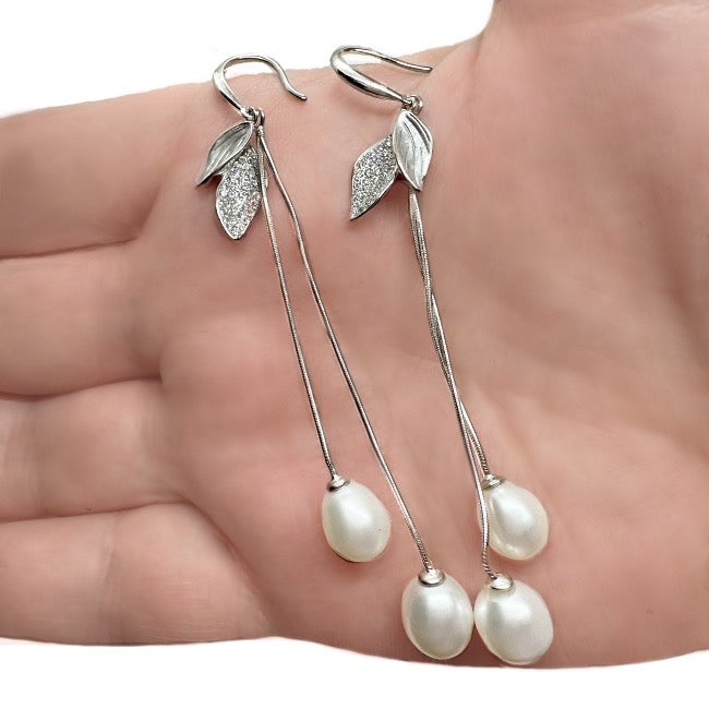 Elegant Creamy White Freshwater Pearl, White Cubic Zirc Solid .925 Sterling Silver Earrings