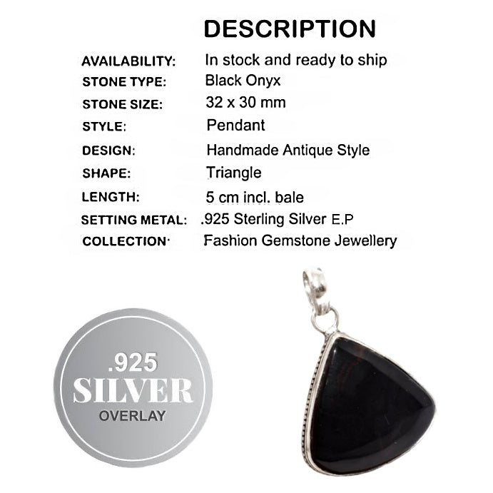 Handmade Black Onyx Triangle Gemstone .925 Silver Pendant