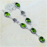Handmade Peridot Gemstone Ovals with Rose Charm .925 Sterling Silver Necklace