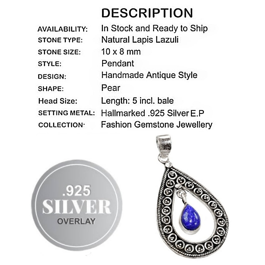 Victorian Style Natural Lapis Lazuli Gemstone .925 Silver Pendant
