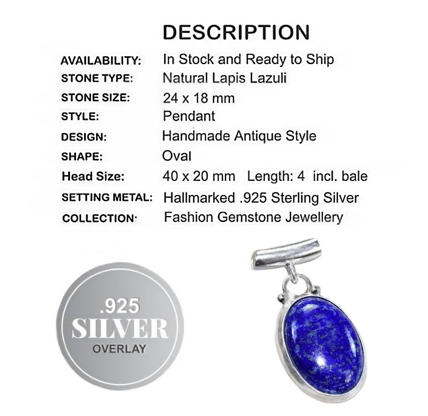 Natural Lapis Lazuli Oval Gemstone .925 Silver Pendant