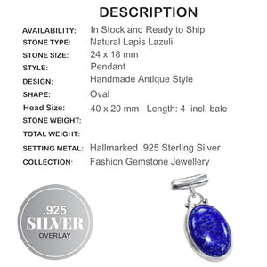 Natural Lapis Lazuli Oval Gemstone .925 Silver Pendant