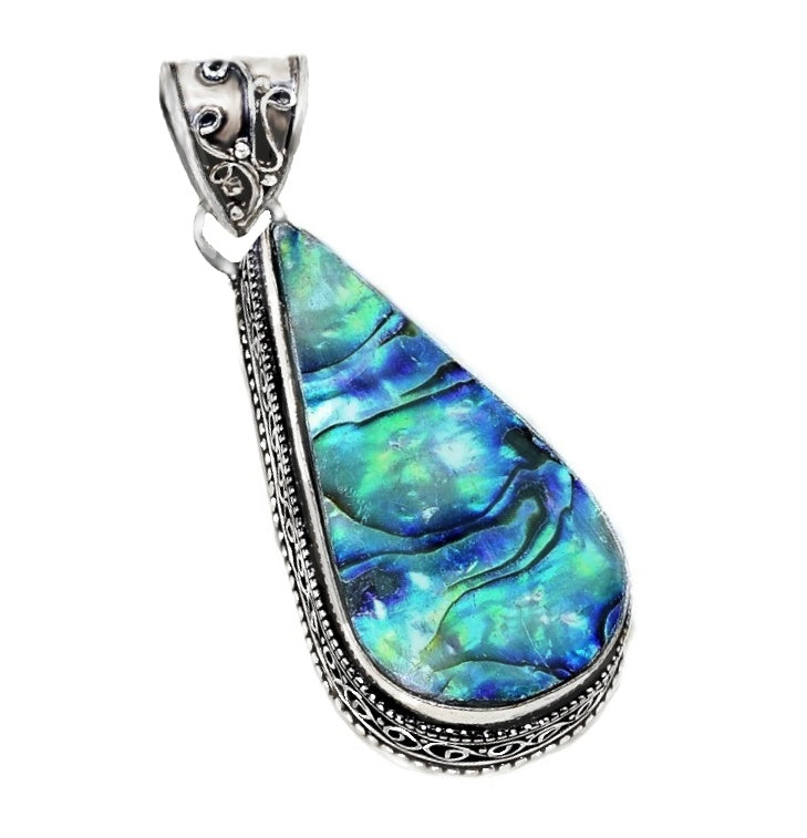 Handmade New Zealand Natural Abalone Shell Pear Shape 925 Sterling Silver Pendant