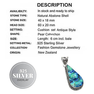Handmade New Zealand Natural Abalone Shell Pear Shape 925 Sterling Silver Pendant