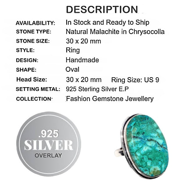 Natural Chrysocolla Gemstone 925 Sterling Silver Ring Size US 9 or R1/2
