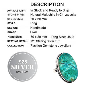 Natural Chrysocolla Gemstone 925 Sterling Silver Ring Size US 9 or R1/2