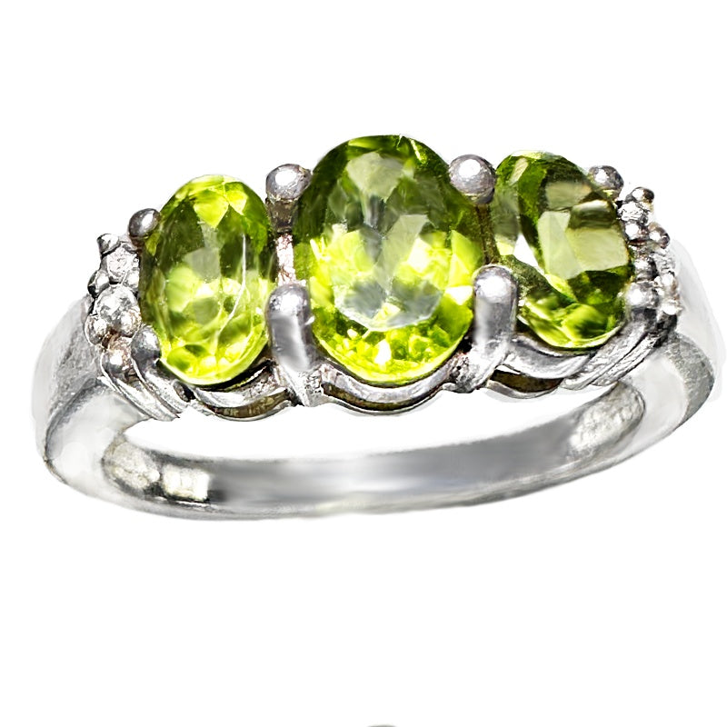 Deluxe Natural Unheated Peridot and White Topaz Solid .925 Sterling Silver Size 8 or Q