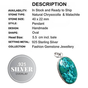Natural Chrysocolla Malachite Gemstone . 925 Silver Pendant