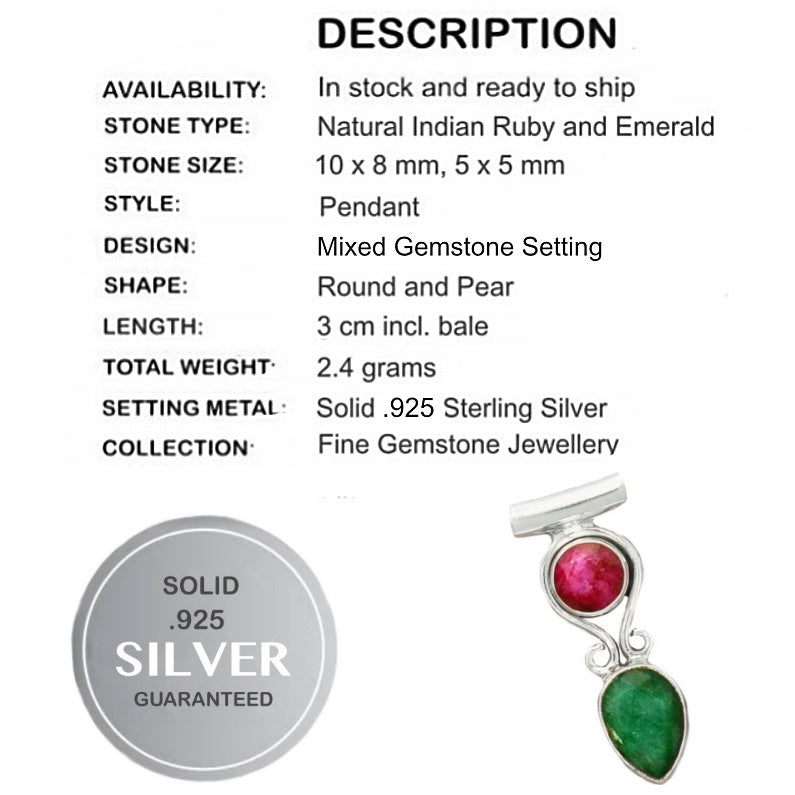 Natural Indian Ruby and Emerald Gemstone In Solid .925 Silver Pendant