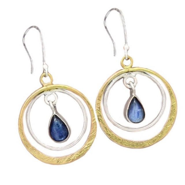 Two Tone Natural Blue Kyanite Gemstone Solid .925 Sterling Silver Earrings