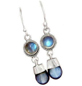 Natural Blue Kyanite , Rainbow Moonstone Gemstone Solid .925 Sterling Silver Earrings